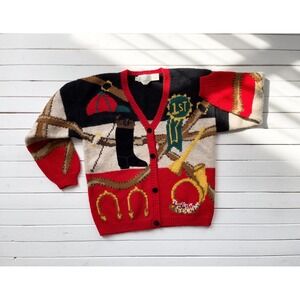 Eagles Eye vtg horse equestrian hand knit red wool‎ cardigan sweater